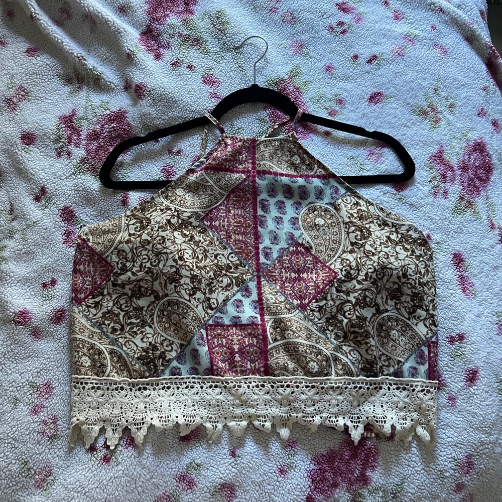 Freebird Paisley Lace Trim Crop Top - Brown and Cream